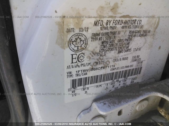 1FT8W3B66CEB71119 - 2012 FORD F350 SUPER DUTY WHITE photo 10