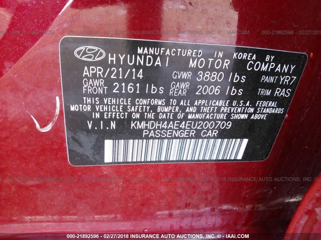 KMHDH4AE4EU200709 - 2014 HYUNDAI ELANTRA SE/SPORT/LIMITED RED photo 9