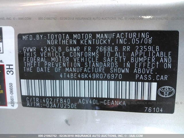 4T4BE46K49R076970 - 2009 TOYOTA CAMRY SE/LE/XLE TAN photo 9