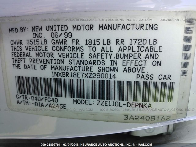 1NXBR18E7XZ290014 - 1999 TOYOTA COROLLA VE/CE/LE 白色 照片 9