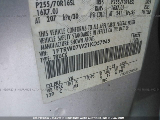 1FTRW07W21KD57945 - 2001 FORD F150 SUPERCREW SILVER photo 9