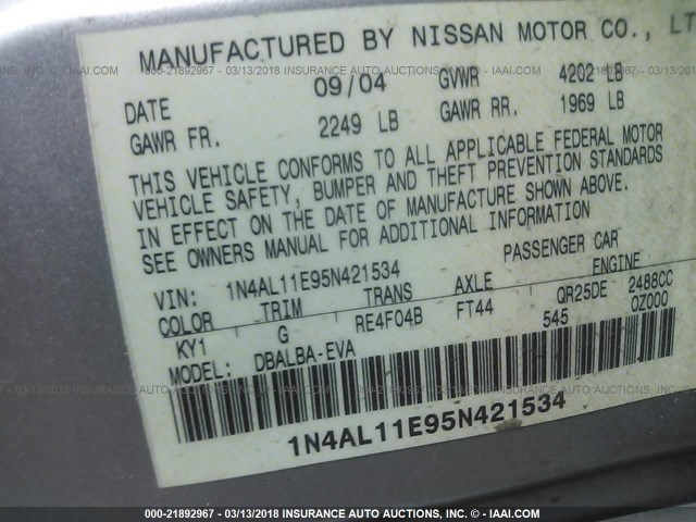 1N4AL11E95N421534 - 2005 NISSAN ALTIMA S/SL SILVER photo 9