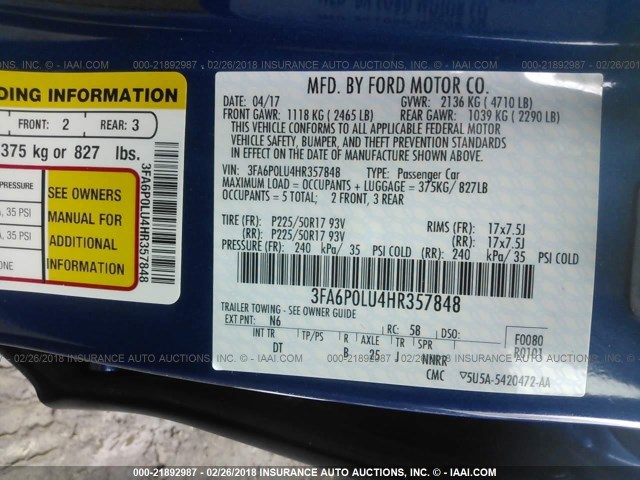 3FA6P0LU4HR357848 - 2017 FORD FUSION SE HYBRID BLUE photo 9