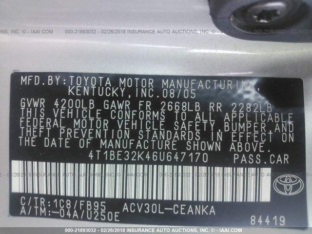 4T1BE32K46U647170 - 2006 TOYOTA CAMRY LE/XLE/SE 灰色 照片 9