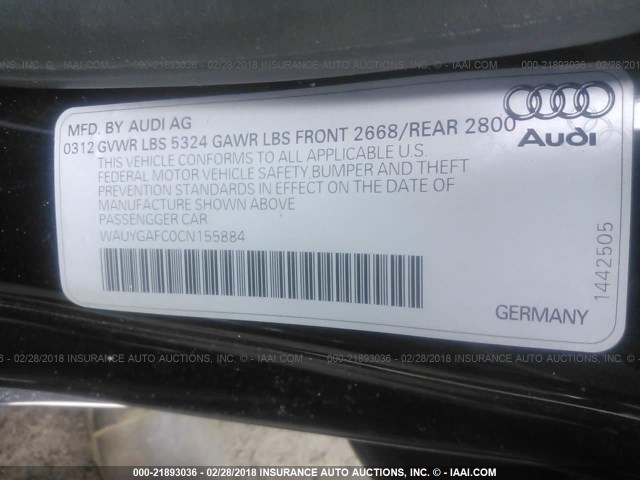 WAUYGAFC0CN155884 - 2012 AUDI A7 PREMIUM PLUS BLACK photo 9