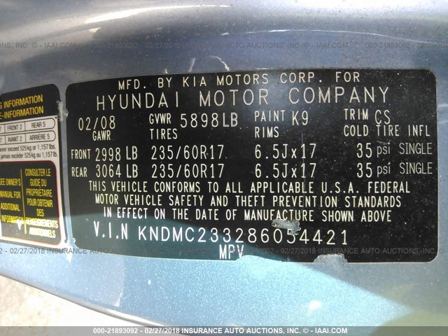 KNDMC233286054421 - 2008 HYUNDAI ENTOURAGE GLS/SE/LIMITED BLUE photo 9