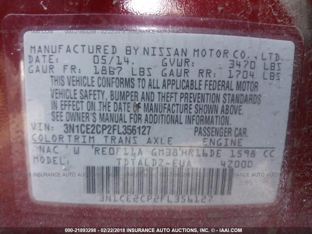 3N1CE2CP2FL356127 - 2015 NISSAN VERSA NOTE S/S PLUS/SV/SL/SR RED photo 9