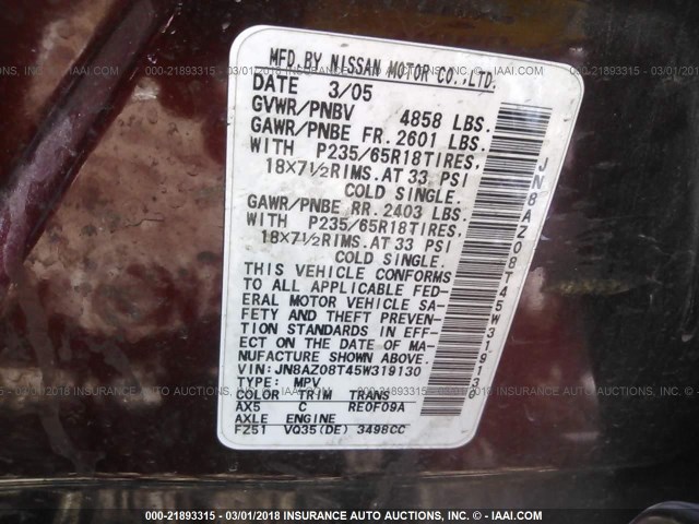 JN8AZ08T45W319130 - 2005 NISSAN MURANO SL/SE/S MAROON photo 9