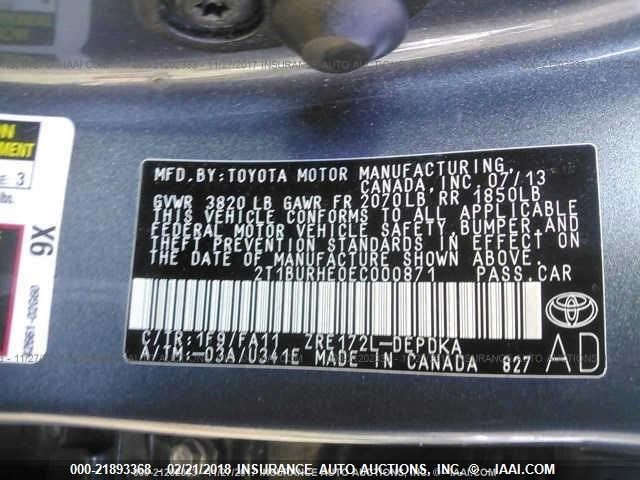 2T1BURHE0EC000871 - 2014 TOYOTA COROLLA L/LE/LE PLS/PRM/S/S PLS GRAY photo 9