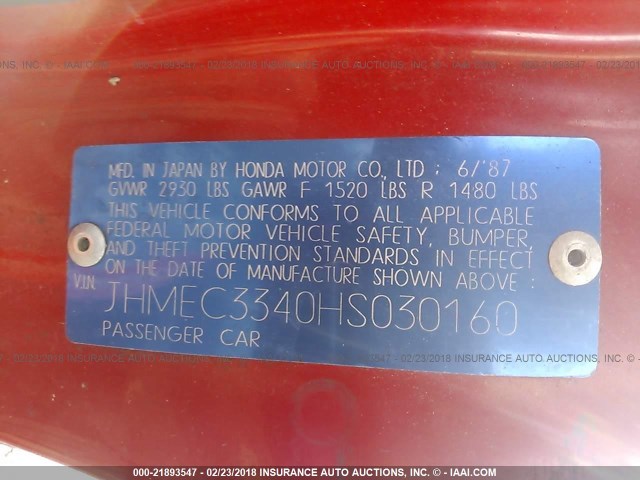 JHMEC3340HS030160 - 1987 HONDA CIVIC 1.5 SI RED photo 9