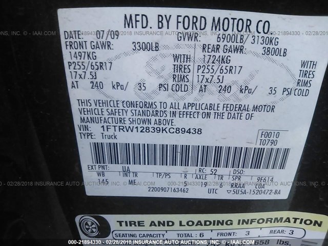 1FTRW12839KC89438 - 2009 FORD F150 SUPERCREW BLACK photo 9