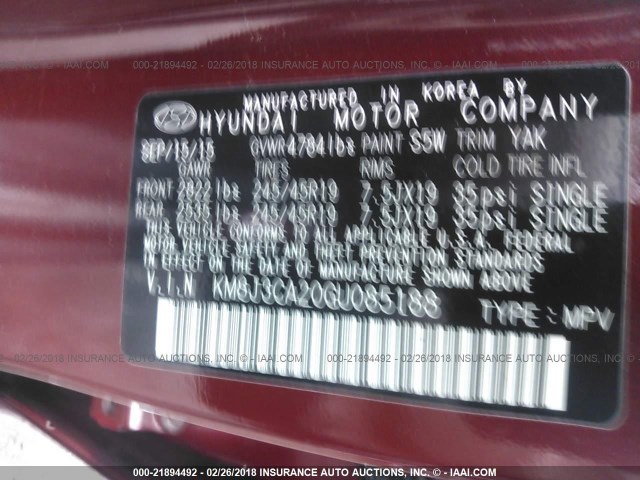 KM8J3CA20GU085188 - 2016 HYUNDAI TUCSON LIMITED/SPORT AND ECO/SE BURGUNDY photo 9