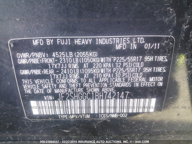 JF2SHGGC1BH742147 - 2011 SUBARU FORESTER TOURING 黑色 照片 9