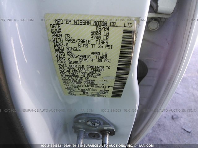 5N1ED28TX4C658185 - 2004 NISSAN XTERRA XE/SE WHITE photo 9