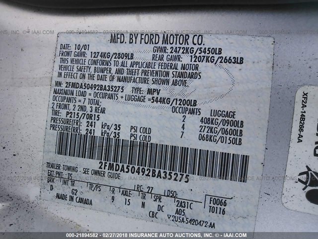 2FMDA50492BA35275 - 2002 FORD WINDSTAR LX SILVER photo 9