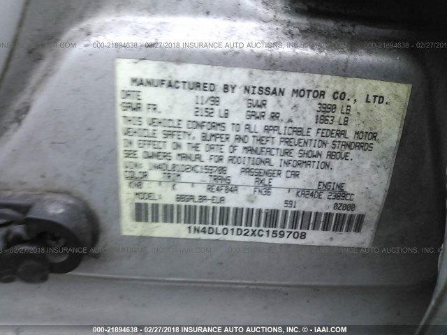 1N4DL01D2XC159708 - 1999 NISSAN ALTIMA XE/GXE/SE/GLE SILVER photo 9