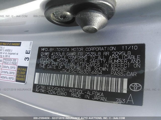 JTKJF5C74B3014454 - 2011 TOYOTA SCION TC 银色 照片 9