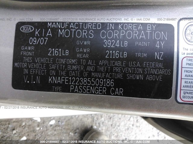 KNAFE122385509186 - 2008 KIA SPECTRA EX/LX/SX GOLD photo 9