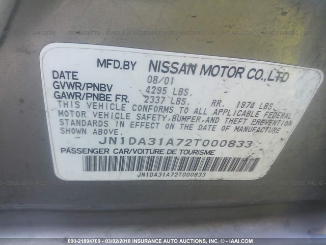 JN1DA31A72T000833 - 2002 NISSAN MAXIMA GLE/SE GRAY photo 9