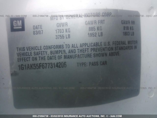 1G1AK55F677314206 - 2007 CHEVROLET COBALT LS WHITE photo 9