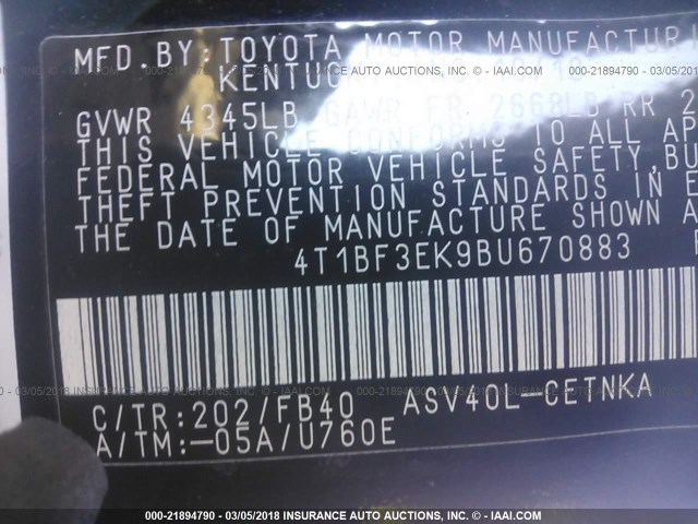 4T1BF3EK9BU670883 - 2011 TOYOTA CAMRY SE/LE/XLE BLACK photo 9