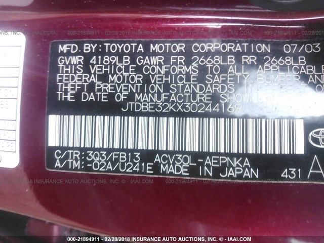 JTDBE32KX30244169 - 2003 TOYOTA CAMRY LE/XLE MAROON photo 9