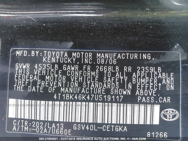 4T1BK46K47U519117 - 2007 TOYOTA CAMRY NEW GENERAT LE/XLE/SE BLACK photo 9