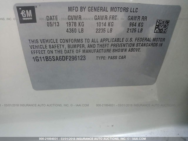 1G11B5SA6DF296123 - 2013 CHEVROLET MALIBU LS 金色 照片 9