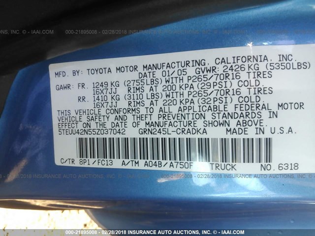 5TEUU42N55Z037042 - 2005 TOYOTA TACOMA ACCESS CAB Көк фото 9