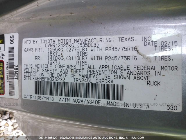 5TFUX4EN6FX035232 - 2015 TOYOTA TACOMA ACCESS CAB Մոխրագույն լուսանկար 9