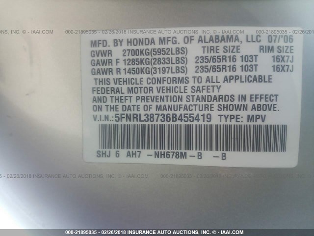 5FNRL38736B455419 - 2006 HONDA ODYSSEY EXL ვერცხლისფერი ფოტო 9
