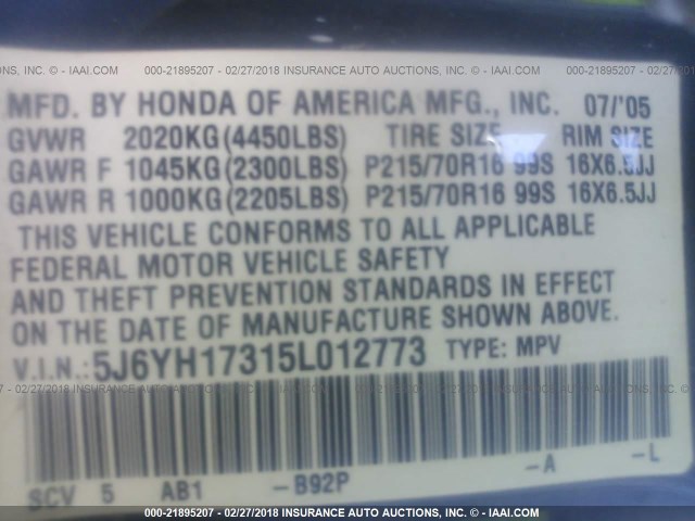 5J6YH17315L012773 - 2005 HONDA ELEMENT LX BLACK photo 9