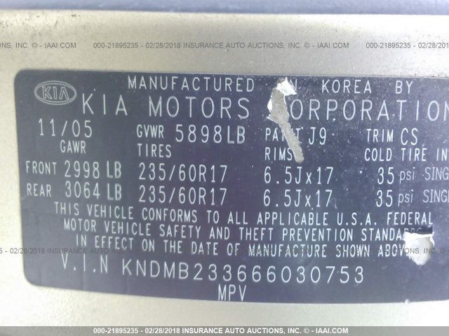 KNDMB233666030753 - 2006 KIA SEDONA EX/LX GOLD photo 9