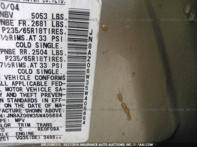 JN8AZ08W35W405684 - 2005 NISSAN MURANO SL/SE/S GOLD photo 9