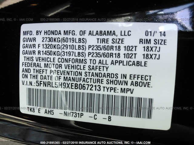 5FNRL5H9XEB067213 - 2014 HONDA ODYSSEY TOURING/TOURING ELITE BLACK photo 9