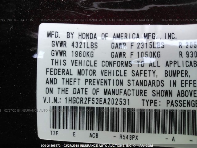 1HGCR2F53EA202531 - 2014 HONDA ACCORD SPORT 栗色 照片 9