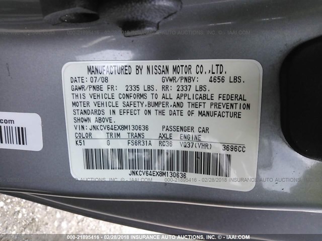 JNKCV64EX8M130636 - 2008 INFINITI G37 JOURNEY/SPORT GRAY photo 9