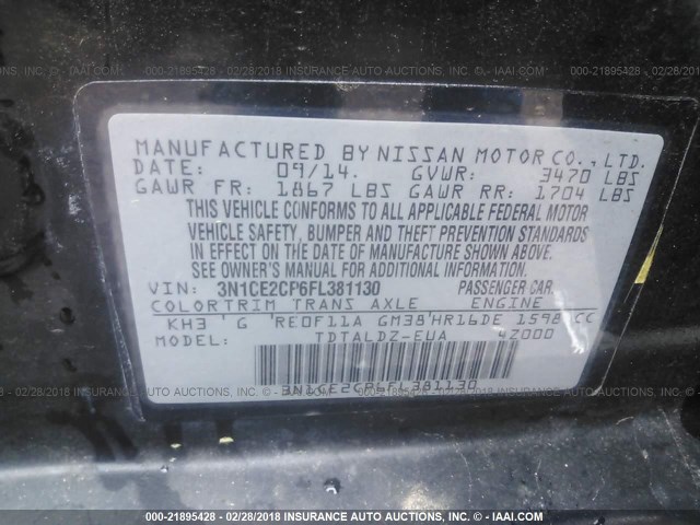 3N1CE2CP6FL381130 - 2015 NISSAN VERSA NOTE S/S PLUS/SV/SL/SR BLACK photo 9