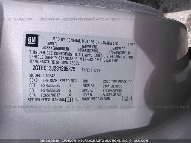 2GTEC13J281205875 - 2008 GMC SIERRA C1500 GRAY photo 9