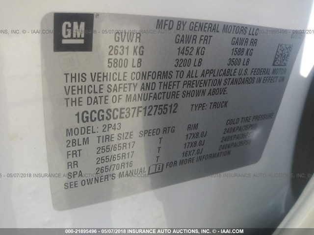 1GCGSCE37F1275512 - 2015 CHEVROLET COLORADO Z71 WHITE photo 9