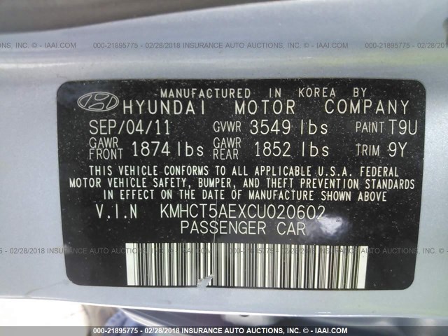 KMHCT5AEXCU020602 - 2012 HYUNDAI ACCENT GLS/GS BLUE photo 9