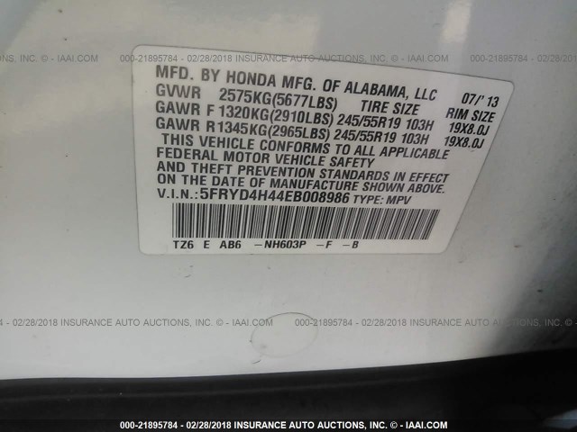 5FRYD4H44EB008986 - 2014 ACURA MDX TECHNOLOGY WHITE photo 9