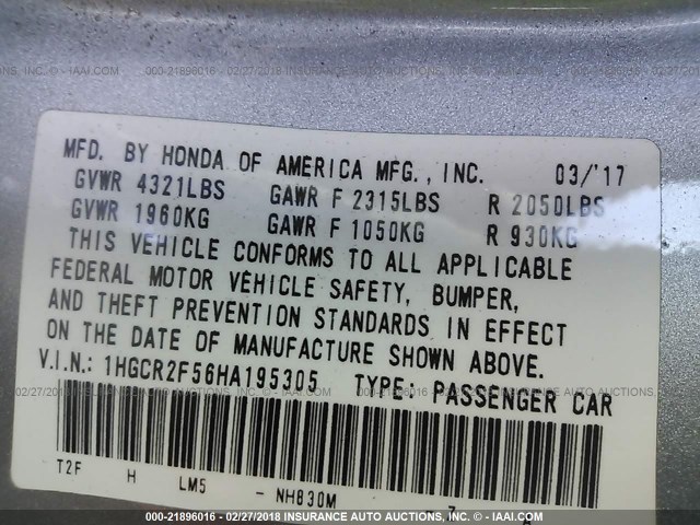 1HGCR2F56HA195305 - 2017 HONDA ACCORD SPORT 银色 照片 9