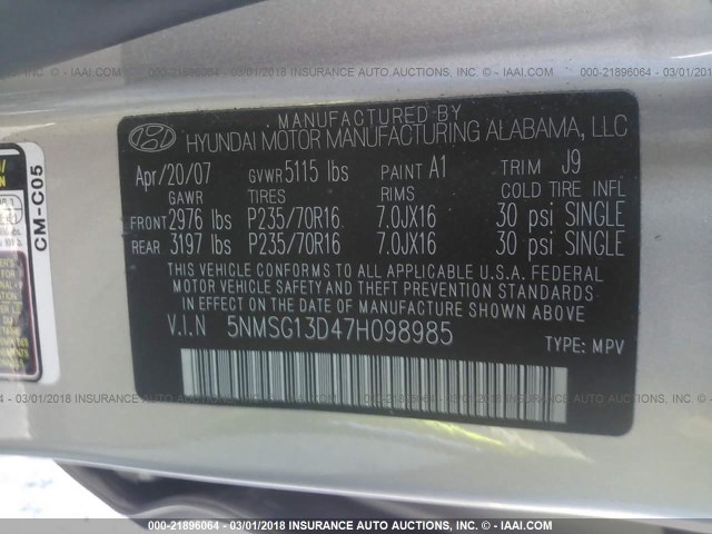 5NMSG13D47H098985 - 2007 HYUNDAI SANTA FE GLS GOLD photo 9