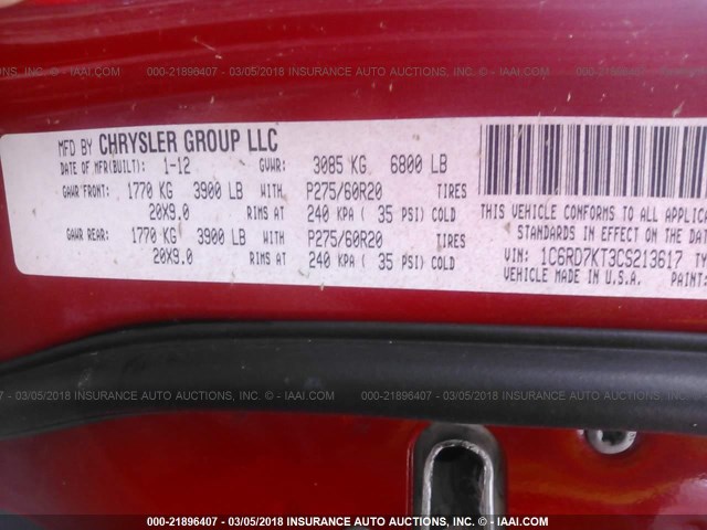 1C6RD7KT3CS213617 - 2012 DODGE RAM 1500 ST RED photo 9