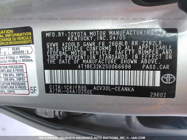 4T1BE32K25U066698 - 2005 TOYOTA CAMRY LE/XLE/SE SILVER photo 9