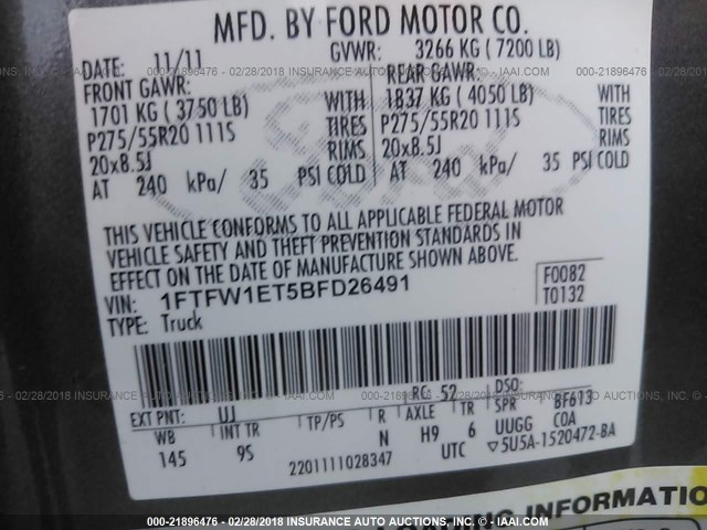 1FTFW1ET5BFD26491 - 2011 FORD F150 SUPERCREW GRAY photo 9