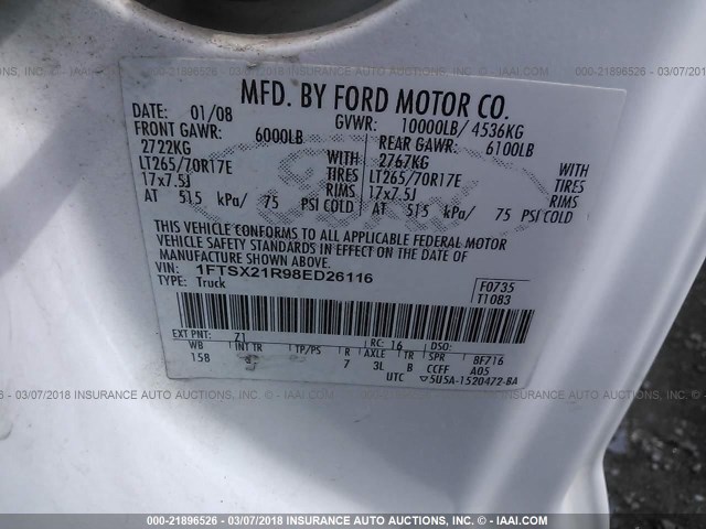 1FTSX21R98ED26116 - 2008 FORD F250 SUPER DUTY WHITE photo 9