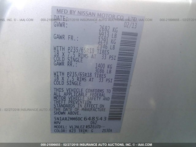 5N1AR2MM6DC648543 - 2013 NISSAN PATHFINDER S/SV/SL/PLATINUM 银色 照片 9