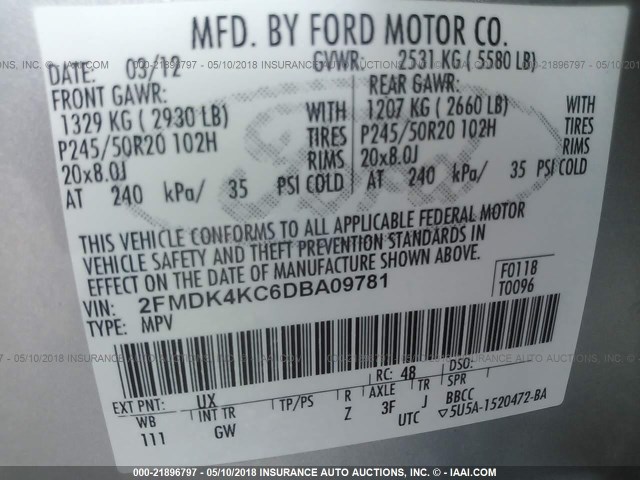 2FMDK4KC6DBA09781 - 2013 FORD EDGE LIMITED SILVER photo 9